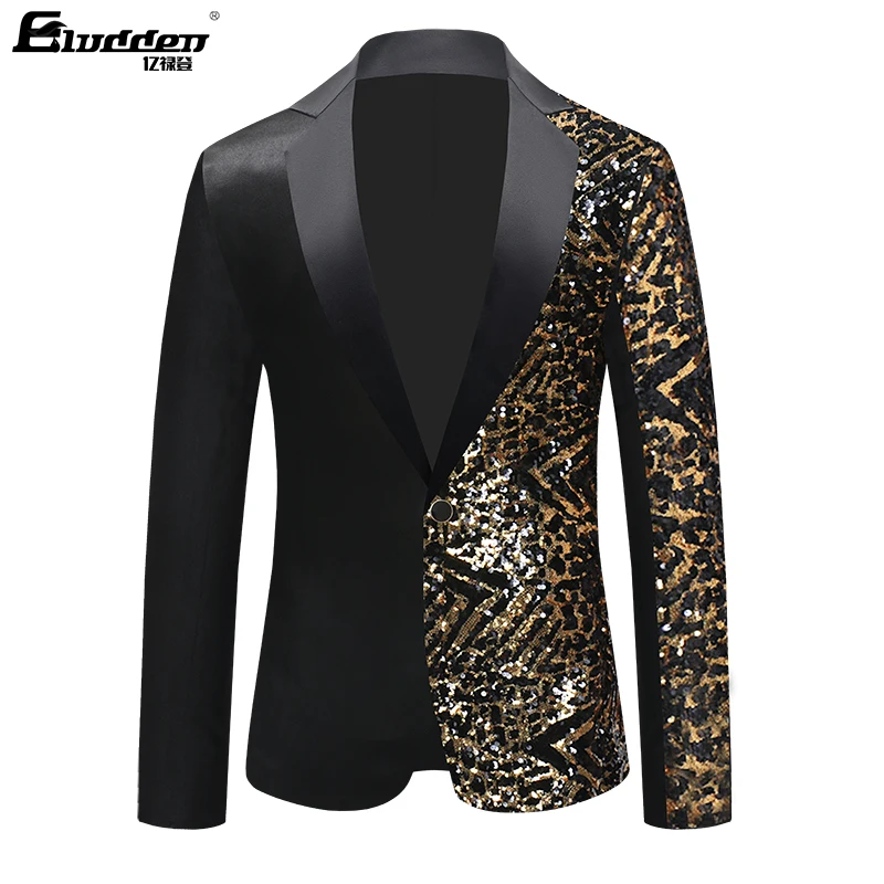 New Single Breasted Leopard Sequins Stage Jacket Men Party Hip Hop Suit Fashion Blazer