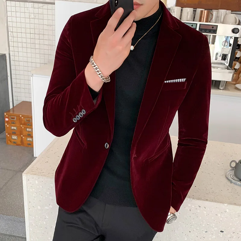 Men Wedding Groom Singer Costume Slim Blazer Formal Wear Dress Burgundy Velvet Blazers