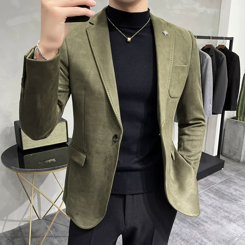 Men Deerskin Fleece Jacket Suit Coat Blazer Business Leisure Slim Fit Single Button Suit Coat