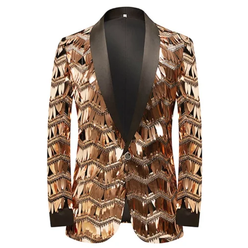 New Men Luxury Wave Striped Gold Sequin Blazer Shawl Lapel One Button Shiny Wedding Party Dinner Tuxedo Blazer - Image 12