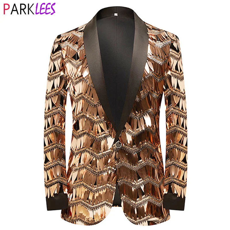 New Men Luxury Wave Striped Gold Sequin Blazer Shawl Lapel One Button Shiny Wedding Party Dinner Tuxedo Blazer