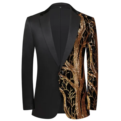 New Men Luxury Wave Striped Gold Sequin Blazer Shawl Lapel One Button Shiny Wedding Party Dinner Tuxedo Blazer - Image 26