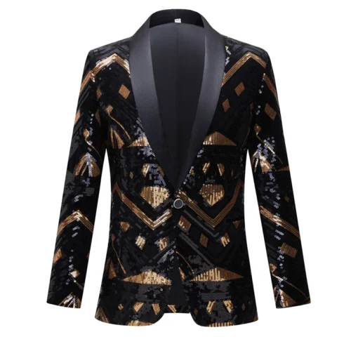 New Men Luxury Wave Striped Gold Sequin Blazer Shawl Lapel One Button Shiny Wedding Party Dinner Tuxedo Blazer - Image 19