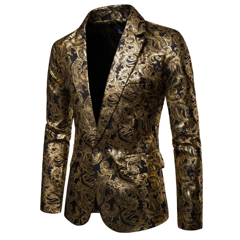 New Men Golden Floral Blazers Business Casual Wedding Dress Gold Coat