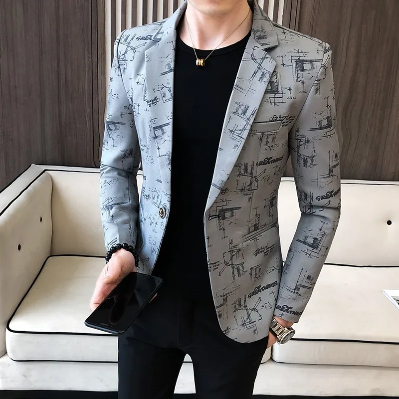 New Men Blazer Spring Fashion High Quality Korean Version of The Printed Slim Formal Jacket