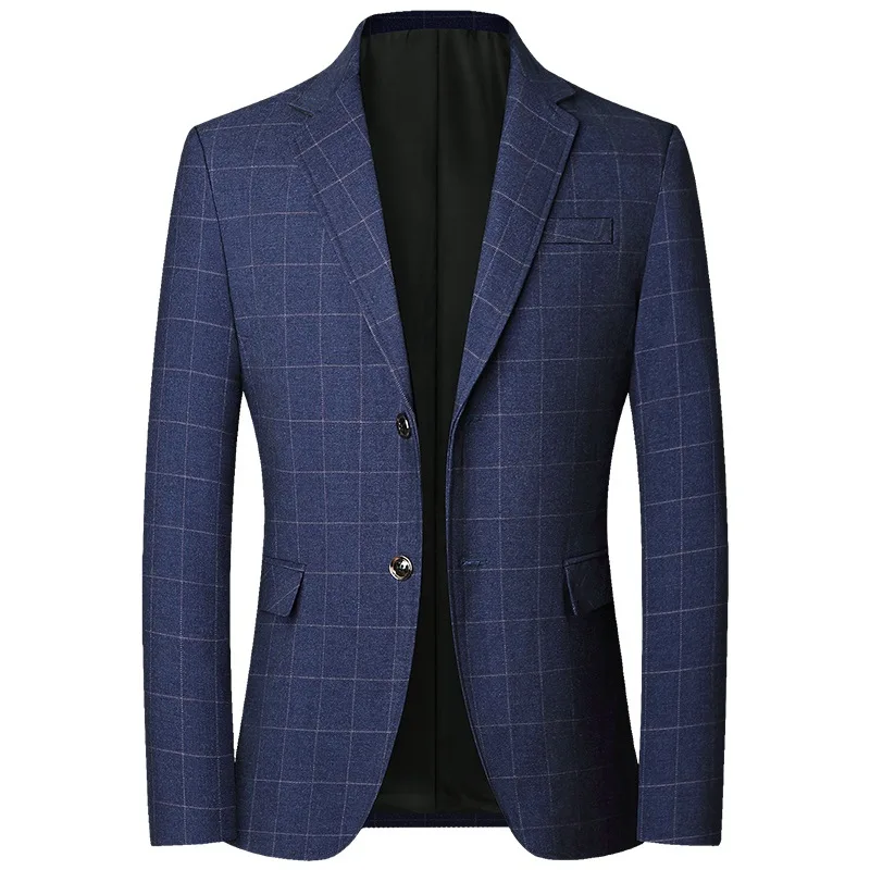 New Men Blue Plaid Business Formal Wear Spring Autumn Male Casual Slim Fit Blazers