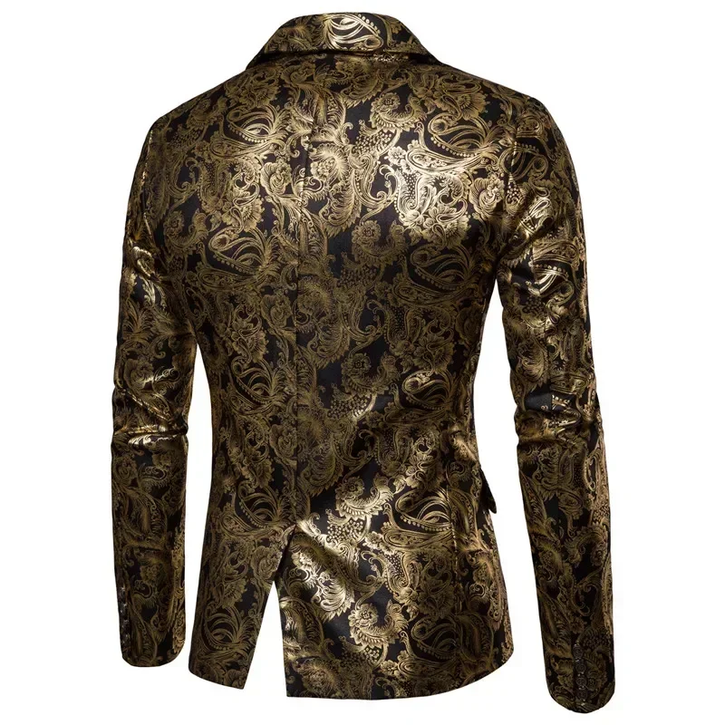 New Men Golden Floral Blazers Business Casual Wedding Dress Gold Coat