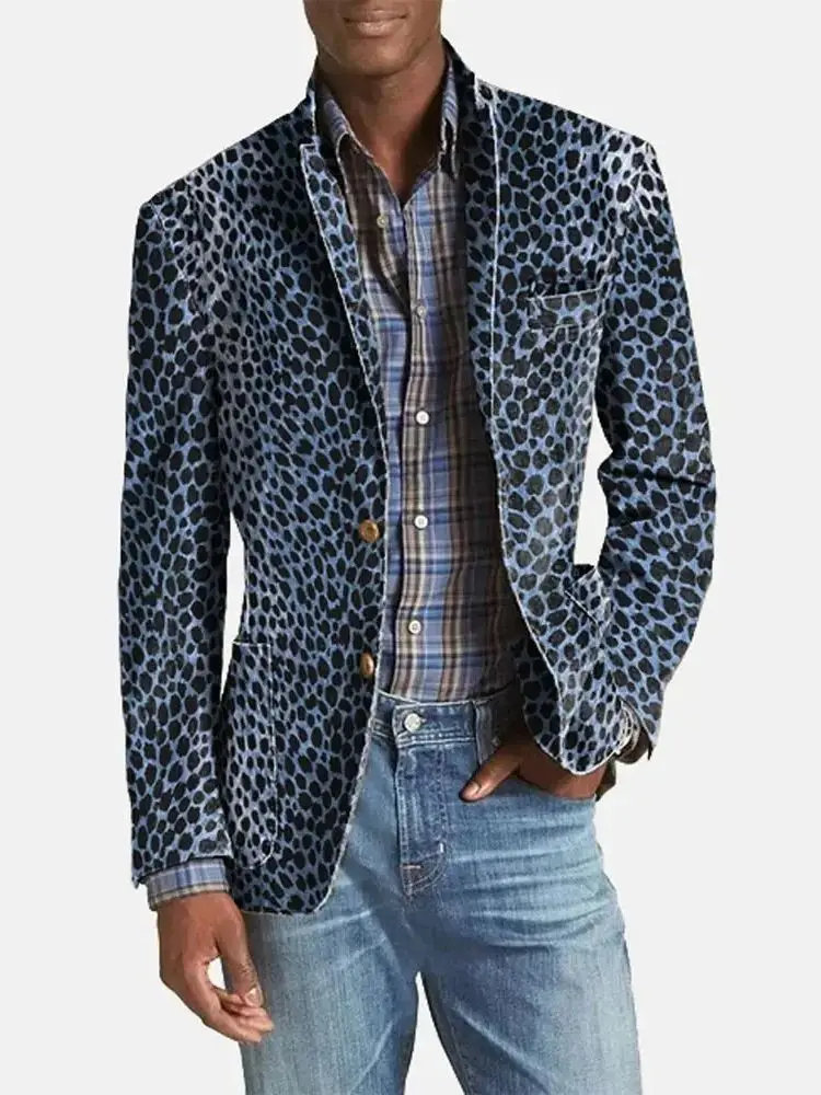 New Men Business Casual Leopard Blazer Print Notch Lapel Pocket Two Button