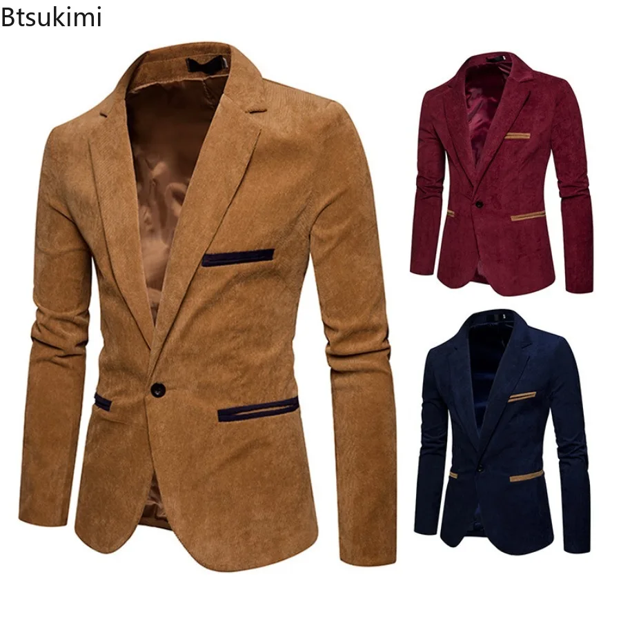 New Men Leisure Corduroy Blazers Patchwork Single Button Casual Slim