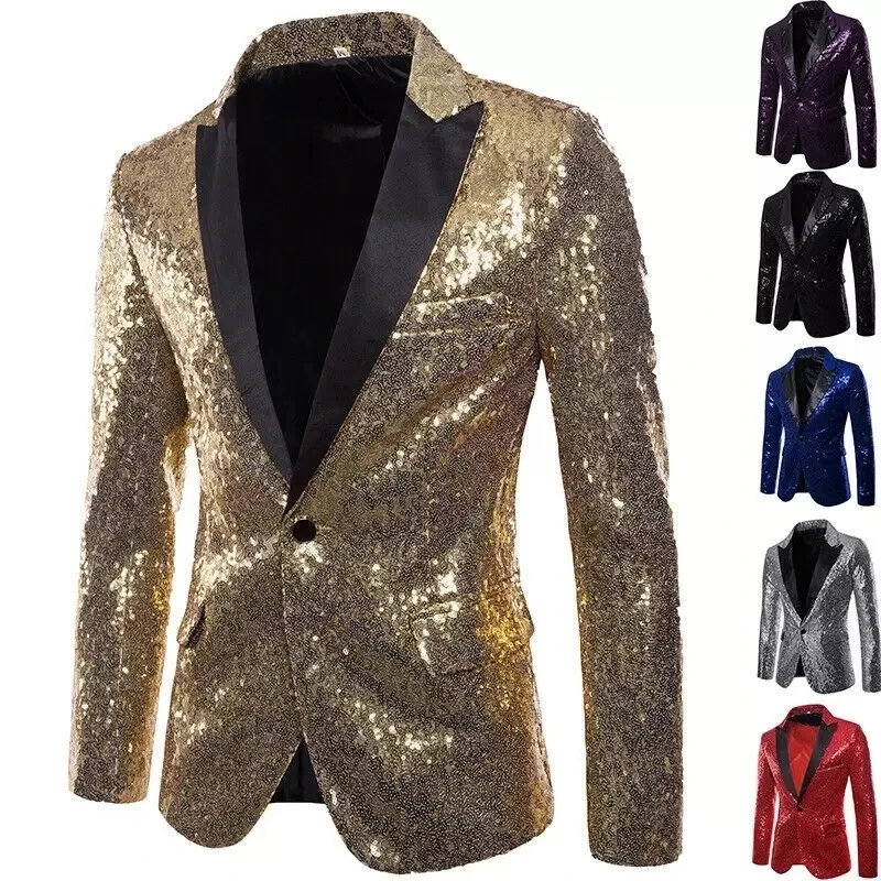 New Formal Men Shiny Blazer Sequins Party Button Dance Bling Wedding Gentleman