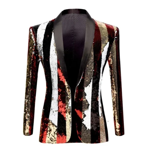 New Men Luxury Wave Striped Gold Sequin Blazer Shawl Lapel One Button Shiny Wedding Party Dinner Tuxedo Blazer - Image 20