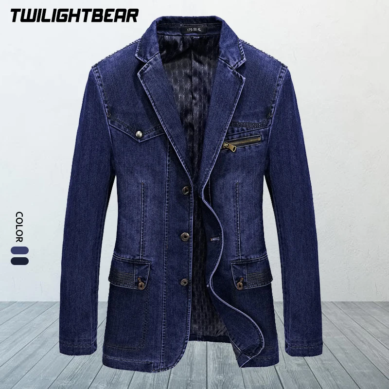 New Men Denim Blazer Oversized Solid Cotton Single Breasted Casual Coat