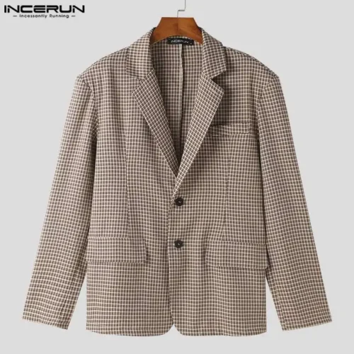 New  Men Plaid Blazer Lapel Long Sleeve Button Casual Streetwear Elegant Fashion - Image 4