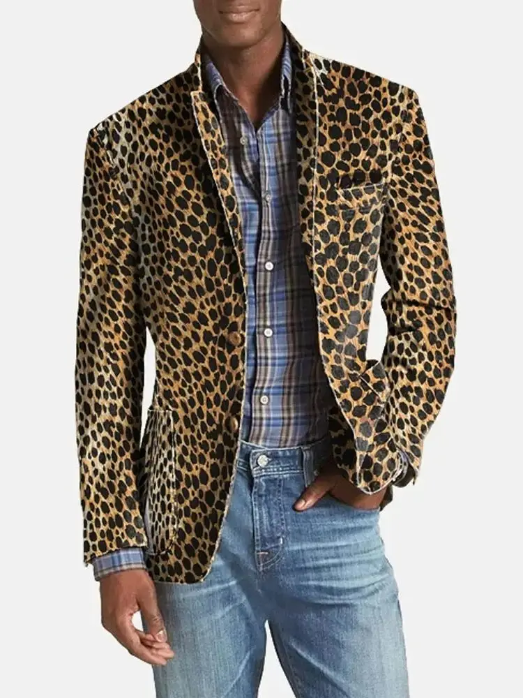 New Men Business Casual Leopard Blazer Print Notch Lapel Pocket Two Button