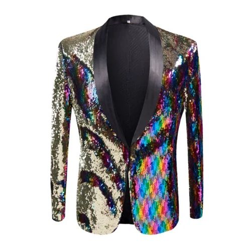 New Men Luxury Wave Striped Gold Sequin Blazer Shawl Lapel One Button Shiny Wedding Party Dinner Tuxedo Blazer - Image 25