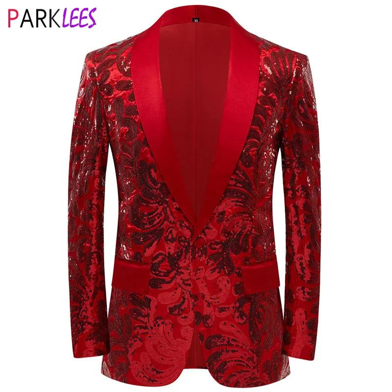 New Men Shiny Sequins Blazer Floral One Button Shawl Lapel Tuxedo Blazers Party Wedding