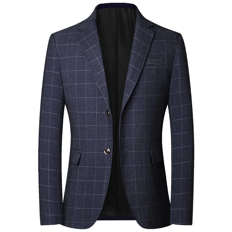 New Men Blue Plaid Business Formal Wear Spring Autumn Male Casual Slim Fit Blazers