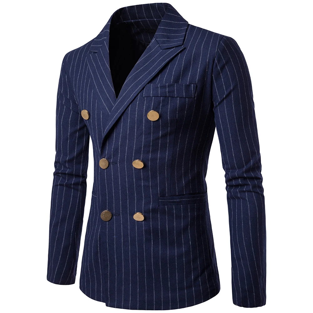 New Men Long Sleeve Blazer Stripe Pattern Decorative Chest Pocket Design