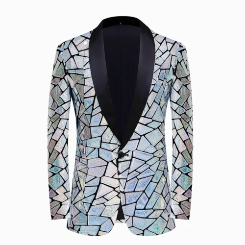 New Men Luxury Wave Striped Gold Sequin Blazer Shawl Lapel One Button Shiny Wedding Party Dinner Tuxedo Blazer - Image 7