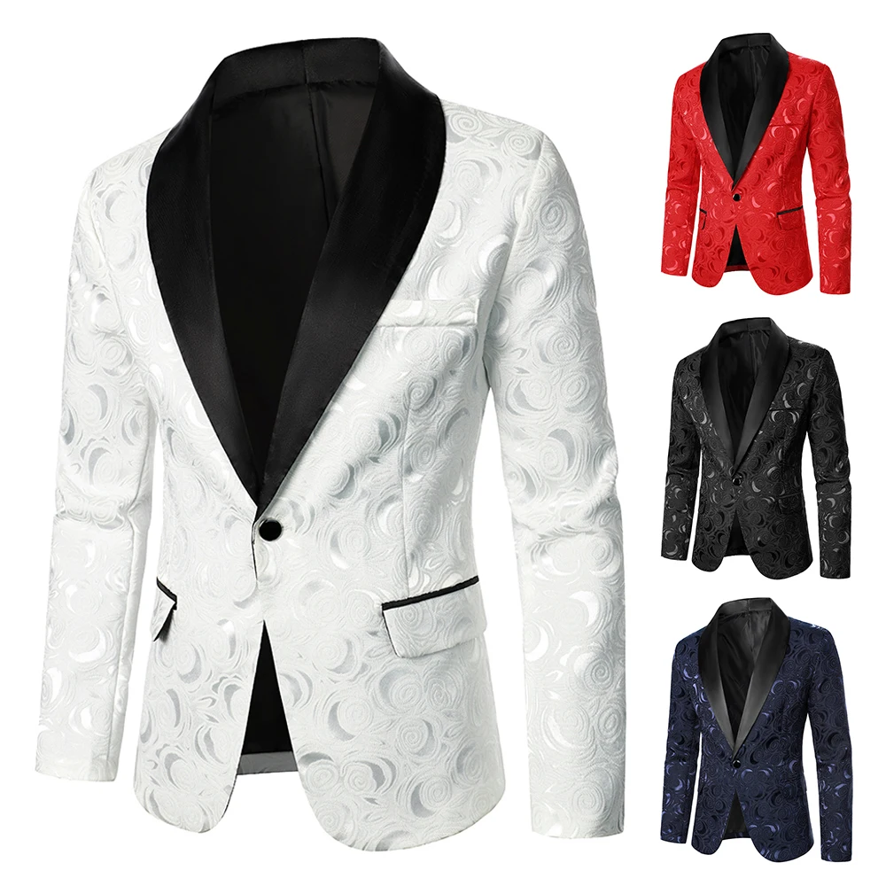 New Men Rose Pattern Bright Jacquard Fabric Contrast Collar Party Luxury Design Causal Fashion Slim Fit Men Blazer