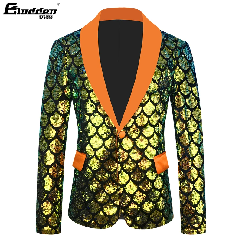 New Fish scale Sequins Purple Colorful Velvet Sequins Blazer Masculino Men Suit Jacket Stage Singer Costume Shiny Blazers