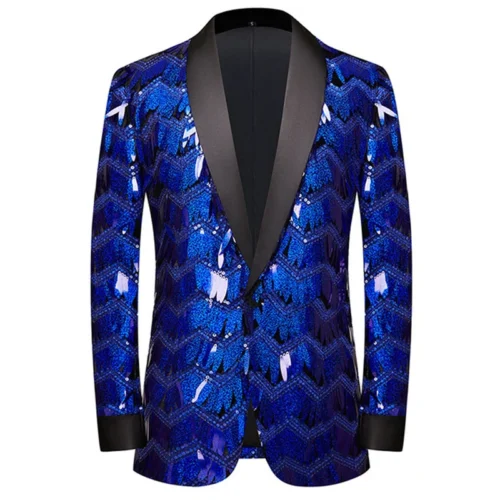 New Men Luxury Wave Striped Gold Sequin Blazer Shawl Lapel One Button Shiny Wedding Party Dinner Tuxedo Blazer - Image 15