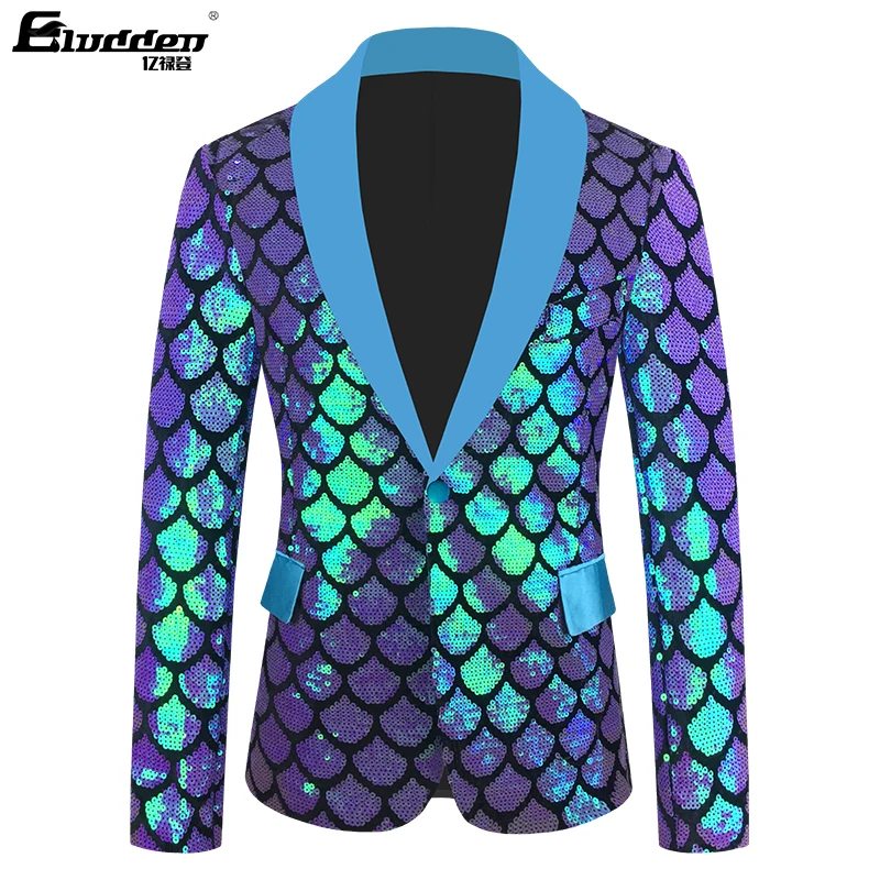 New Fish scale Sequins Purple Colorful Velvet Sequins Blazer Masculino Men Suit Jacket Stage Singer Costume Shiny Blazers