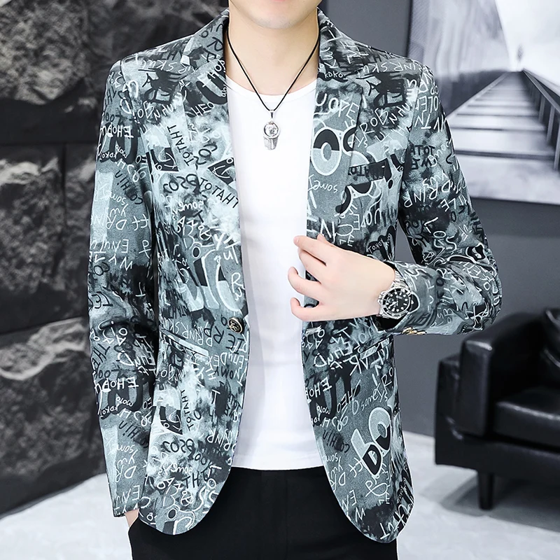 New Letter Printing Men Slim Fit High Quality Homme Social Printing Blazer