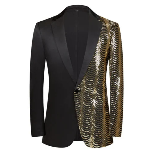 New Men Luxury Wave Striped Gold Sequin Blazer Shawl Lapel One Button Shiny Wedding Party Dinner Tuxedo Blazer - Image 18